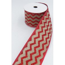 2.5 Inch Wired Christmas Ribbon with Red Metallic Chevron Stripes on Natural Faux Burlap, 2-1/2 In. X 10 Yds (Lot of 1 Spool) SALE ITEM